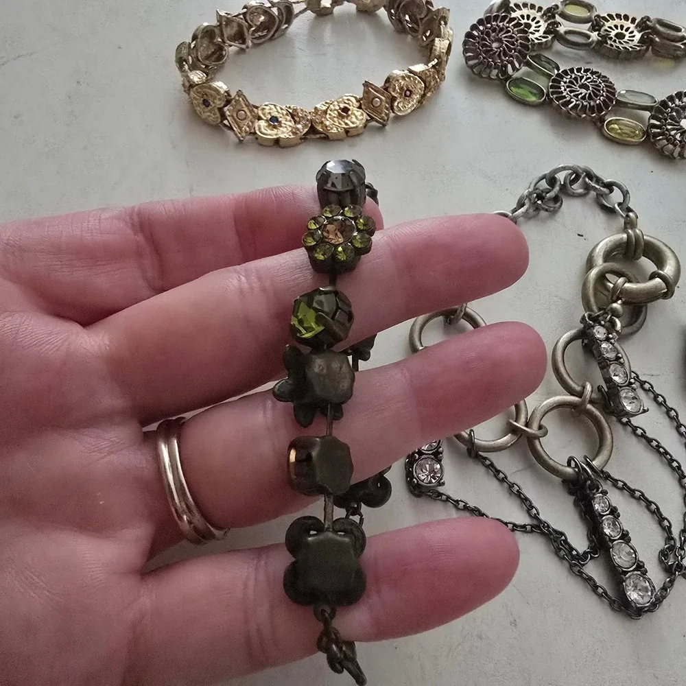 Vintage Monet & Statement Bracelet Lot 5pc Gold Silver Tone Rhinestone Cabochon